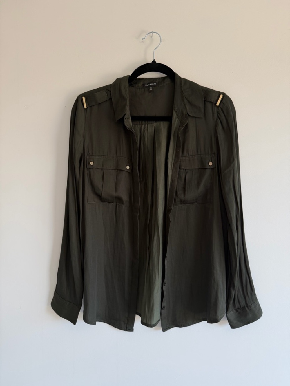 Dynamite Army Green Button-Up Blouse | Utility Style | Lightweight | Small